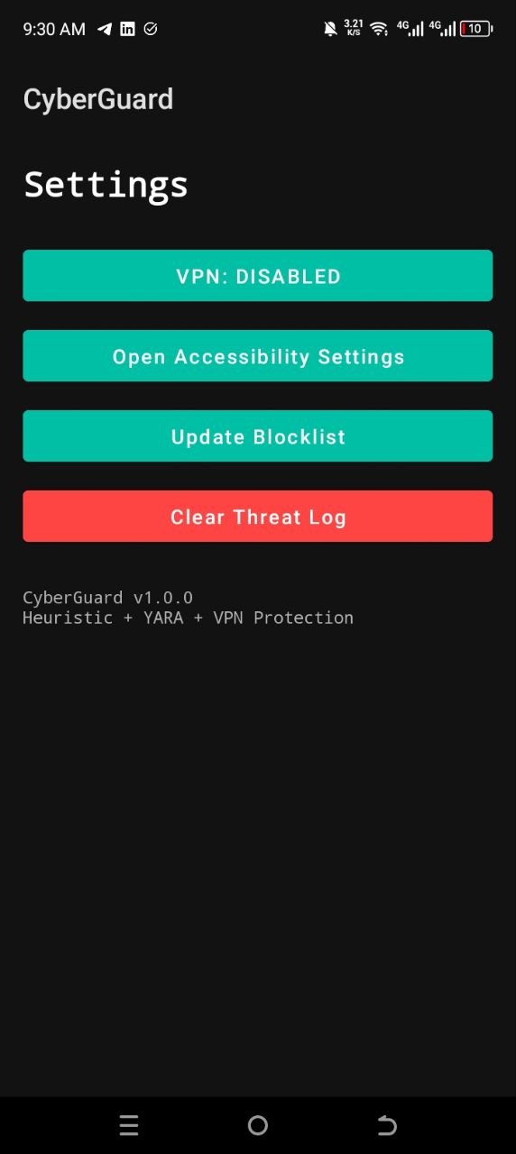 CyberGuard settings screen
